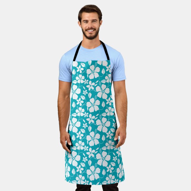 HAWAIIAN HULA (HIBISCUS) TEAL APRON (Worn)