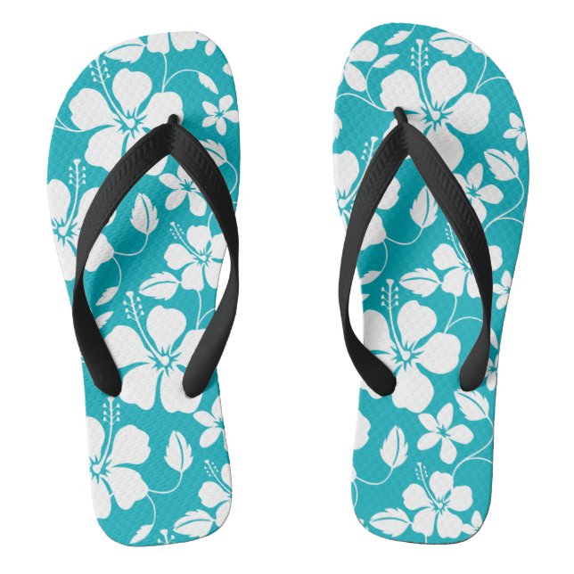 HAWAIIAN HULA (HIBISCUS) TEAL FLIP FLOPS (Footbed)