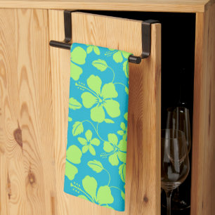 HAWAIIAN HULA (HIBISCUS) TEAL LIME KITCHEN TOWEL