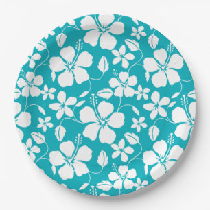 HAWAIIAN HULA (HIBISCUS) TEAL PAPER PLATES