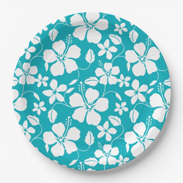 HAWAIIAN HULA (HIBISCUS) TEAL PAPER PLATES (Front)