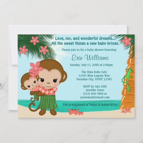 Hawaiian Hula Monkey Baby Shower invitation Beach