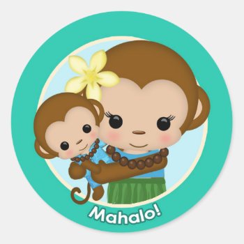 Hawaiian Hula Monkey Baby Shower "mahalo" Boy Classic Round Sticker by MonkeyHutDesigns at Zazzle