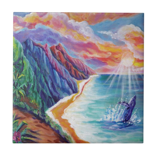 Hawaiian Humpback Whale and Na Pali of Kauai Ceramic Tile (Front)