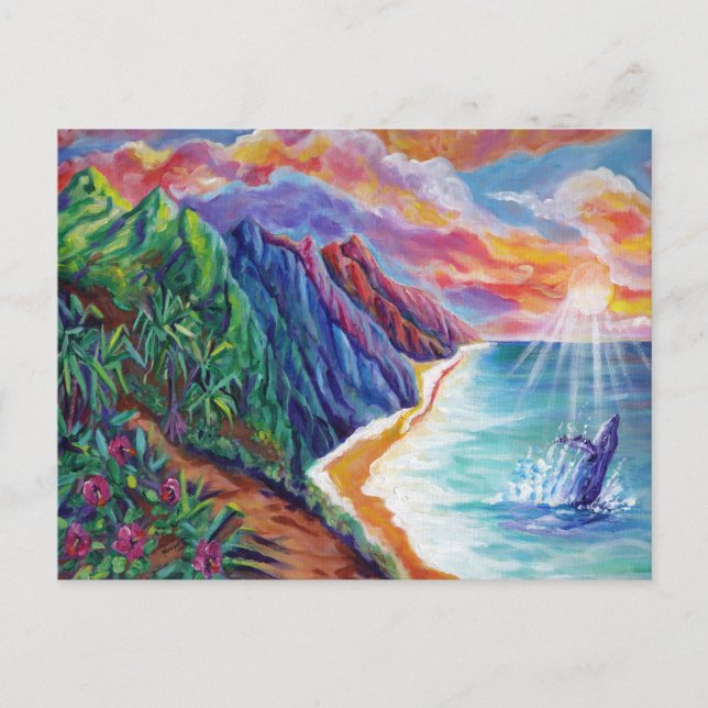 Hawaiian Humpback Whale Breaching at Sunset Postcard (Front)