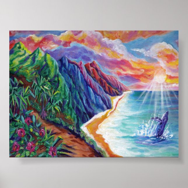 Hawaiian Humpback Whale Breaching at Sunset Poster (Front)