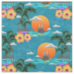 Hawaiian Island Beach Sunset on Blue Fabric