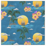 Hawaiian Island Beach Sunset on Blue Fabric