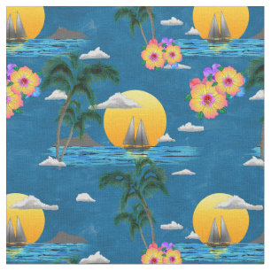 Hawaiian Island Beach Sunset on Blue Fabric