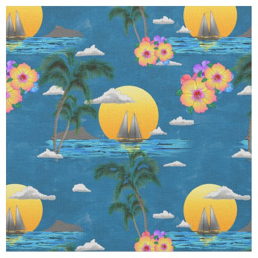 Hawaiian Island Beach Sunset on Blue Fabric