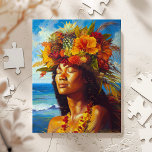 Hawaiian Island Goddess Tropical  Jigsaw Puzzle<br><div class="desc">Celebrate the radiant beauty of island life with this vibrant tropical wall art featuring a serene Hawaiian woman adorned with a crown of flowers and fruit. Bathed in golden sunlight and set against a dazzling ocean backdrop, this art piece captures strength, peace, and feminine grace. Perfect for tropical-themed decor, beach...</div>