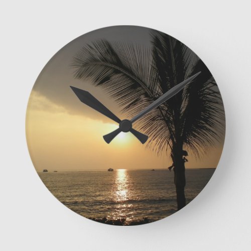 Hawaiian Island Ocean Sunset Round Clock