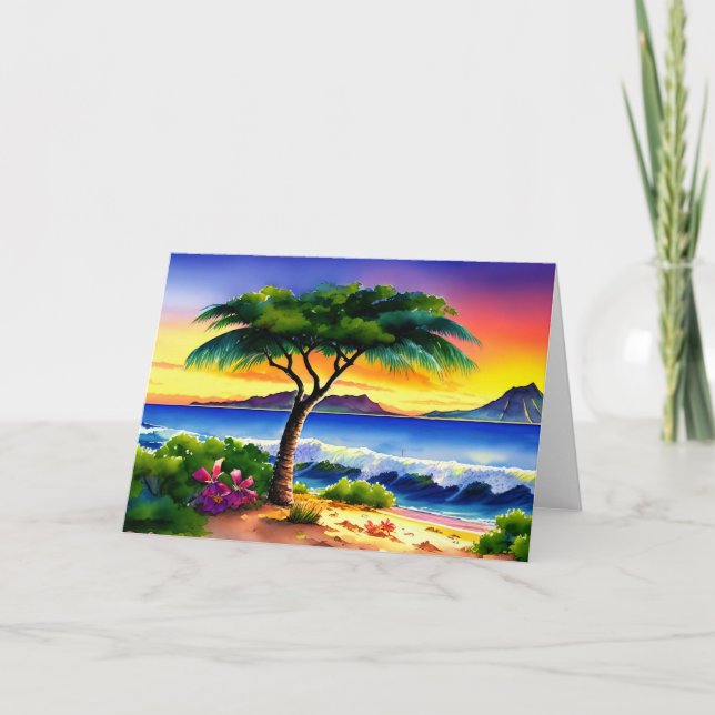 Hawaiian Island Sunset Watercolor Card (Front)