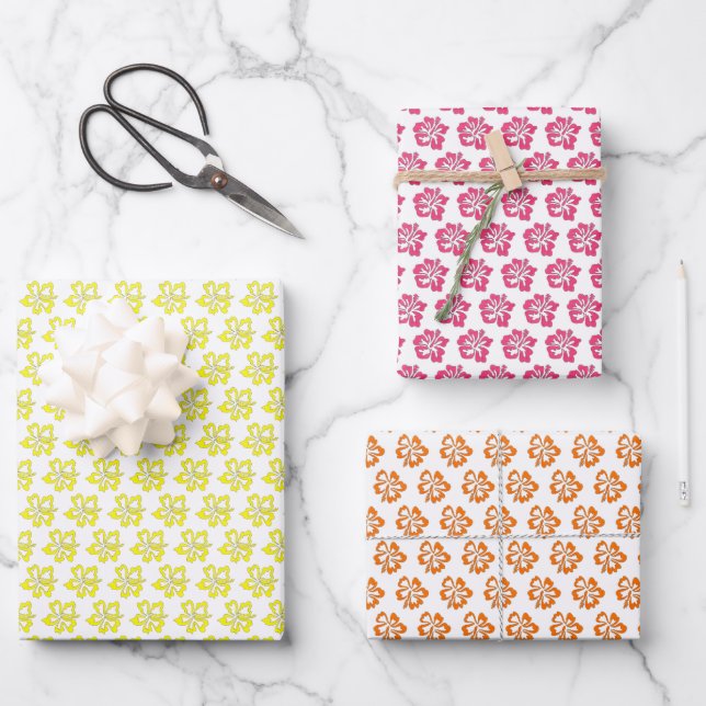 Hawaiian Island Tropical Hibiscus Flowers Floral Wrapping Paper Sheets (Front)
