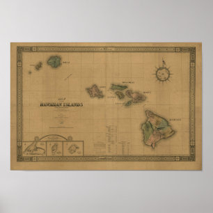 Hawaiian Islands, 1876, Vintage Hawaii Map Poster