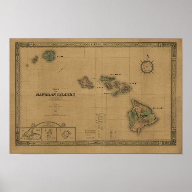 Hawaiian Islands, 1876, Vintage Hawaii Map Poster (Front)