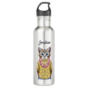 Hawaiian Kitty Cat   Add Your Name Stainless Steel Water Bottle