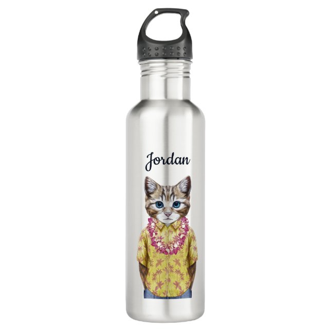 Hawaiian Kitty Cat | Add Your Name Stainless Steel Water Bottle (Front)