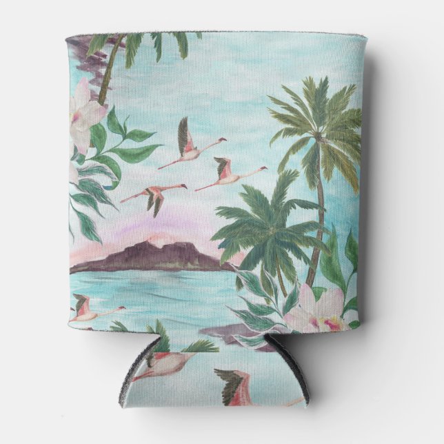 Hawaiian Landscape Flamingo Watercolor Pattern Can Cooler (Front)