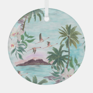 Hawaiian Landscape Flamingo Watercolor Pattern Glass Ornament