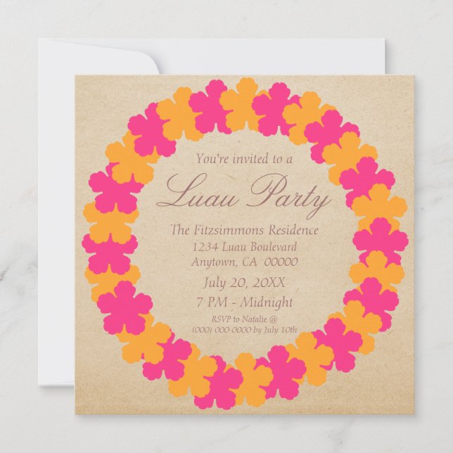 Hawaiian Lei Luau Party Invitation, Pink & Orange Invitation (Front)