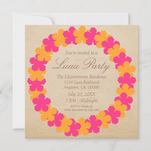 Hawaiian Lei Luau Party Invitation Pink  Orange Invitation