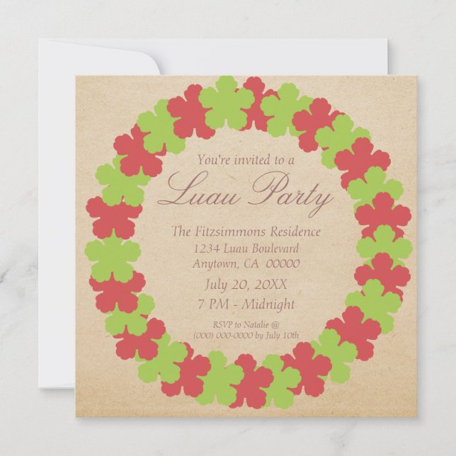 Hawaiian Lei Luau Party Invitation, Red and Green Invitation (Front)