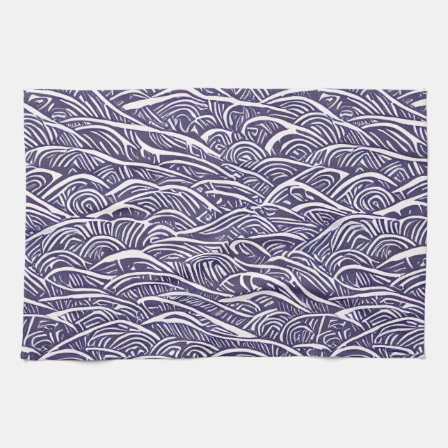 Hawaiian Linocut Waves and Surf  Kitchen Towel (Horizontal)