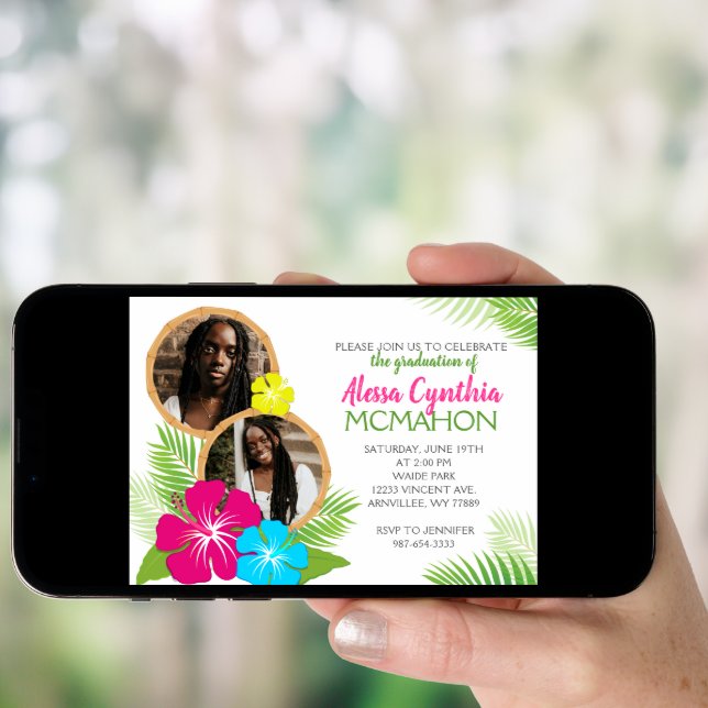 Hawaiian Luau 3 Photo Graduation Party Invitation (Front Digital)