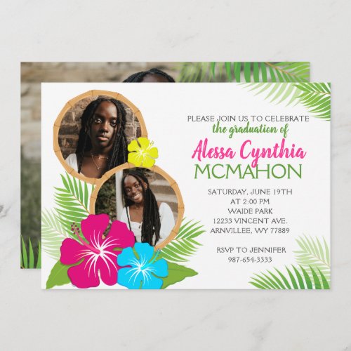 Hawaiian Luau 3 Photo Graduation Party Invitation