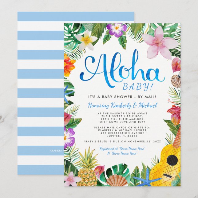 Hawaiian Luau Baby Shower by Mail | Blue Invitation (Front/Back)