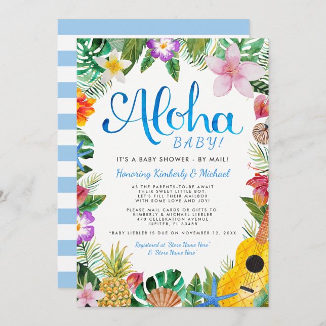 Hawaiian Luau Baby Shower by Mail | Blue Invitation (Front/Back)