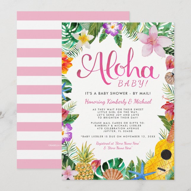 Hawaiian Luau Baby Shower by Mail | Pink Invitation (Front/Back)