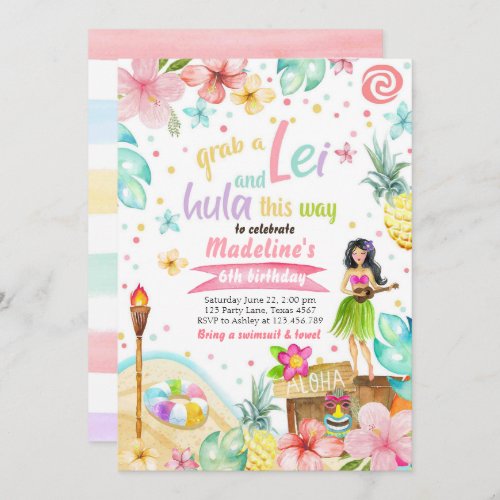 Hawaiian Luau Birthday Invite Tropical Pool Party 