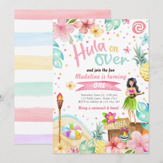 Hawaiian Luau Birthday Invite Tropical Pool Party  (Front/Back)