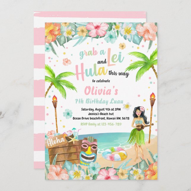 Hawaiian Luau Birthday Party Tropical Birthday Invitation (Front/Back)