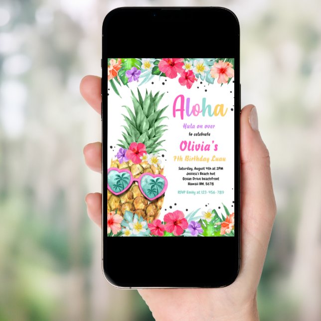 Hawaiian Luau Birthday Pineapple Pool Party Invitation (Front Digital)