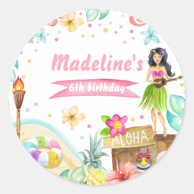 Hawaiian Luau Birthday Tropical Pool Party Pastel  Classic Round Sticker (Front)