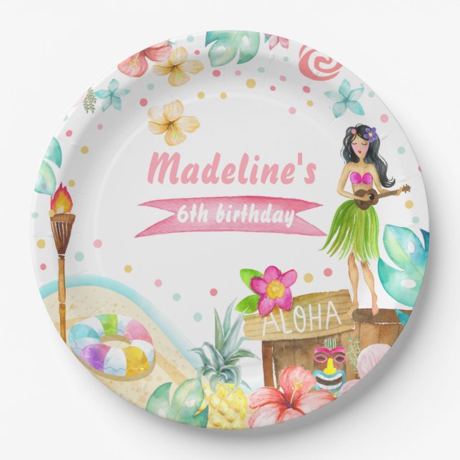 Hawaiian Luau Birthday Tropical Pool Party Pastel Paper Plates (Front)
