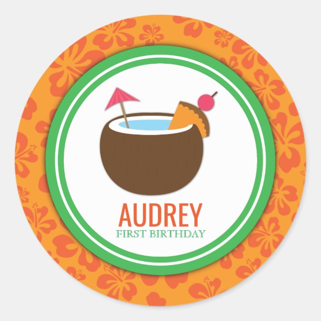Hawaiian Luau Coconut Birthday Baby Shower Classic Round Sticker (Front)