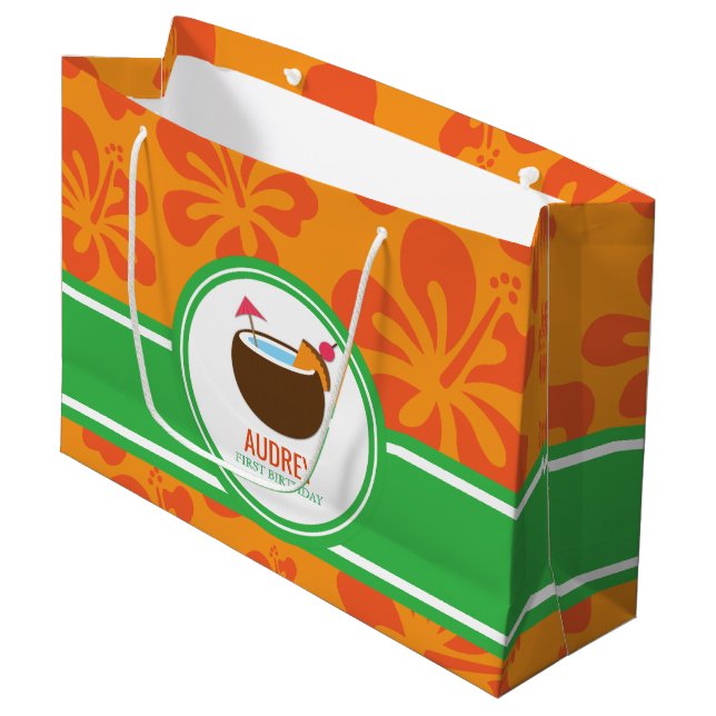 Hawaiian Luau Coconut Birthday Baby Shower Large Gift Bag (Front Angled)