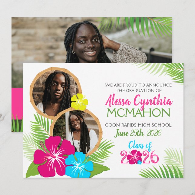 Hawaiian Luau Graduation 3 Photo Announcement (Front/Back)