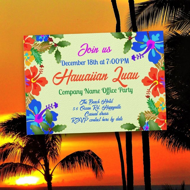 Hawaiian Luau Holiday Party Hibiscus n Holly Invitation (Creator Uploaded)
