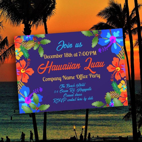 Hawaiian Luau Holiday Party Hibiscus n Holly Invitation