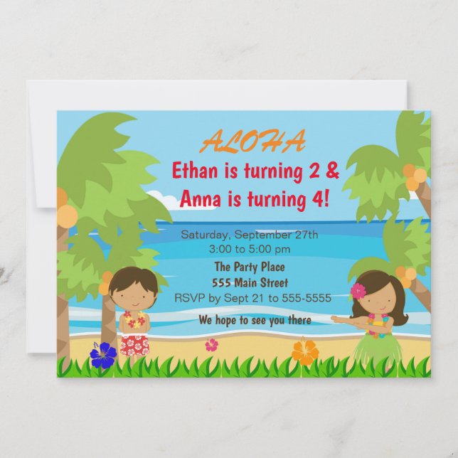 Hawaiian luau kids birthday party invitation 2 (Front)