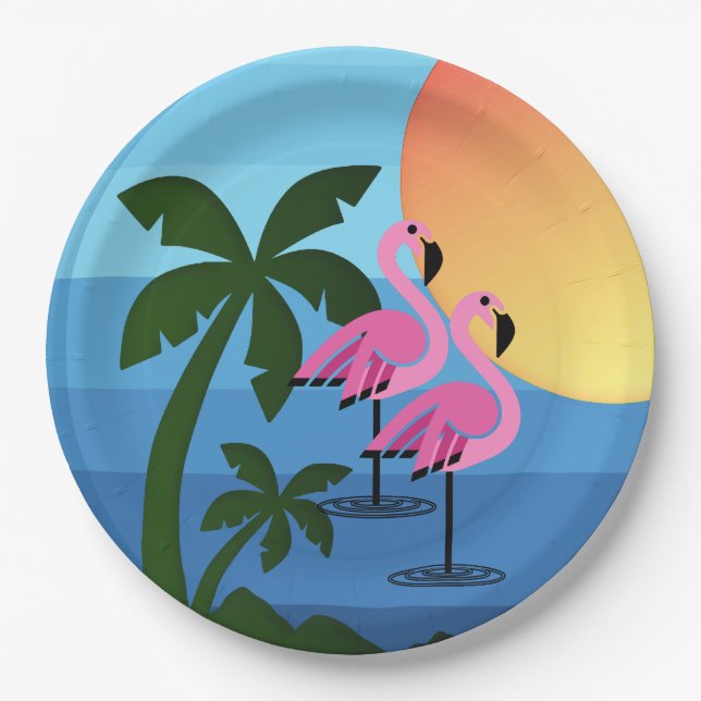 Hawaiian Luau Party Flamingo Palm Trees Paper Plates (Front)