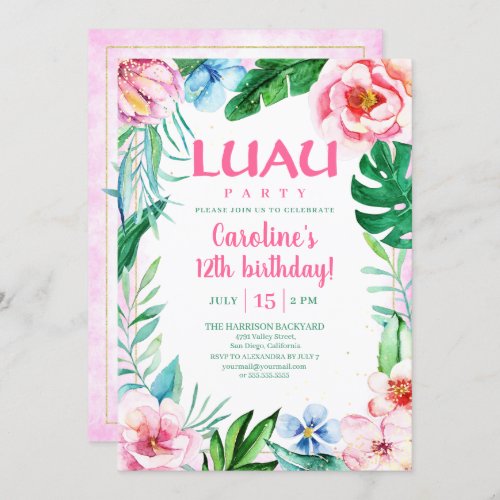 Hawaiian Luau Party Tropical Floral Pink Birthday Invitation