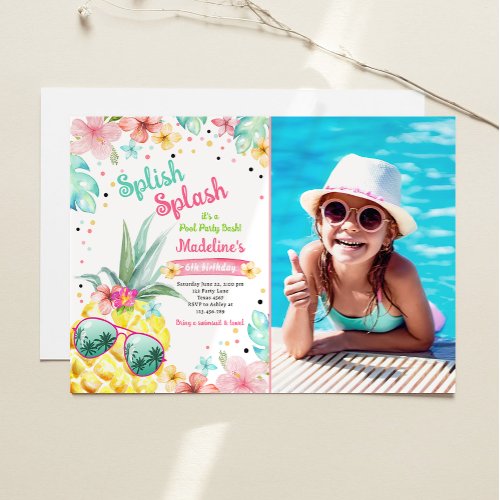Hawaiian Luau Pineapple Pool Party Girl Birthday I Invitation