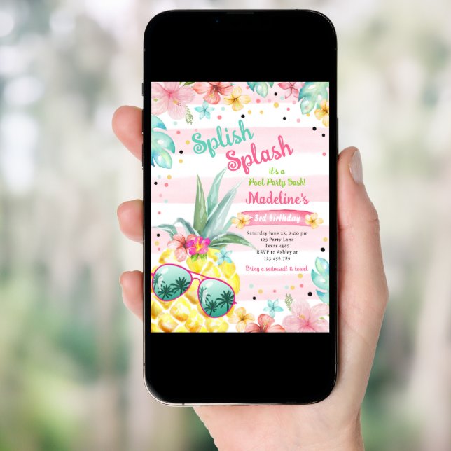 Hawaiian Luau Pineapple Pool Party Girl Birthday Invitation (Front Digital)