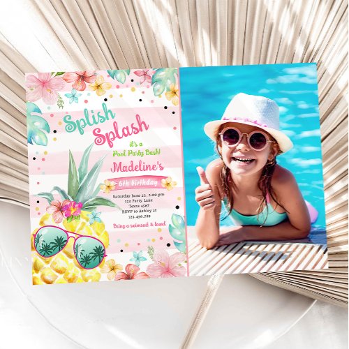 Hawaiian Luau Pineapple Pool Party Girl Birthday Invitation